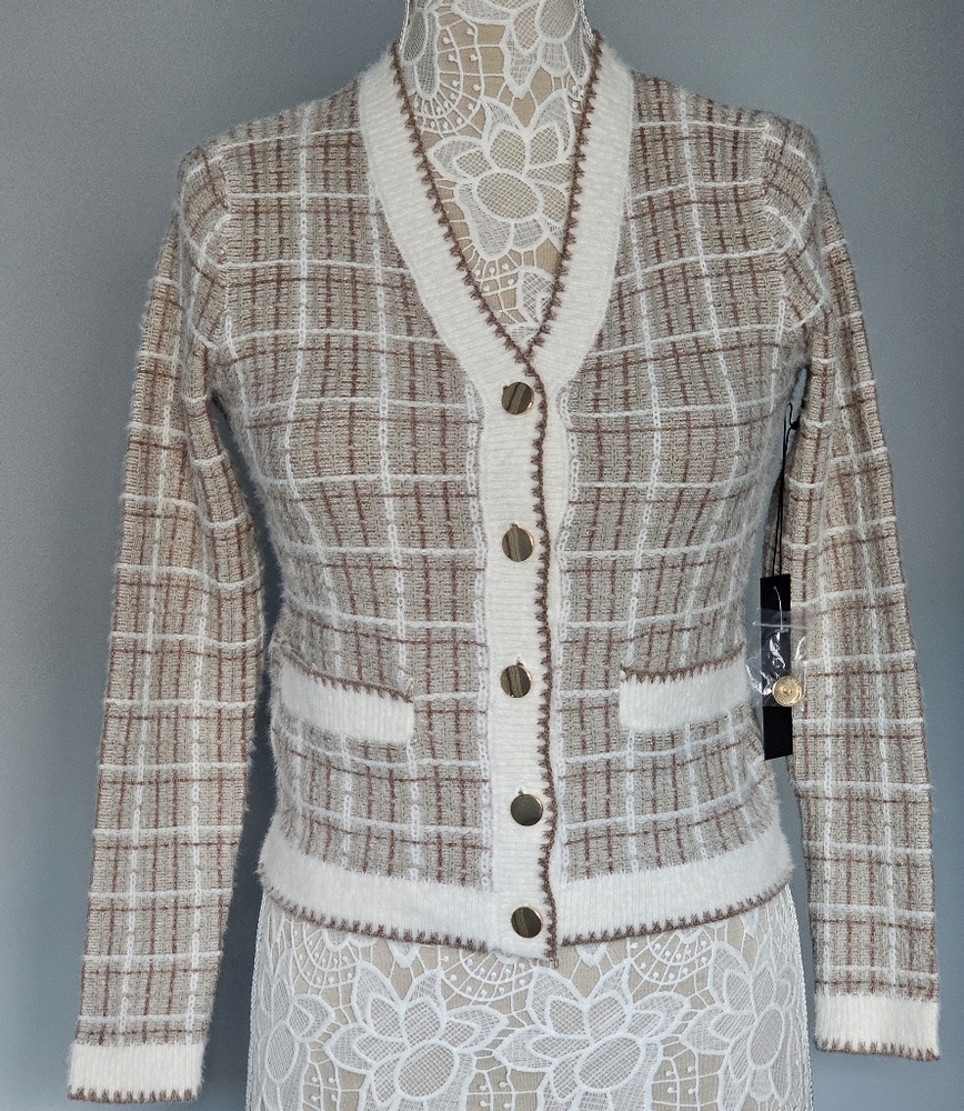 Tahari - Plaid Cardigan - Tan - XS